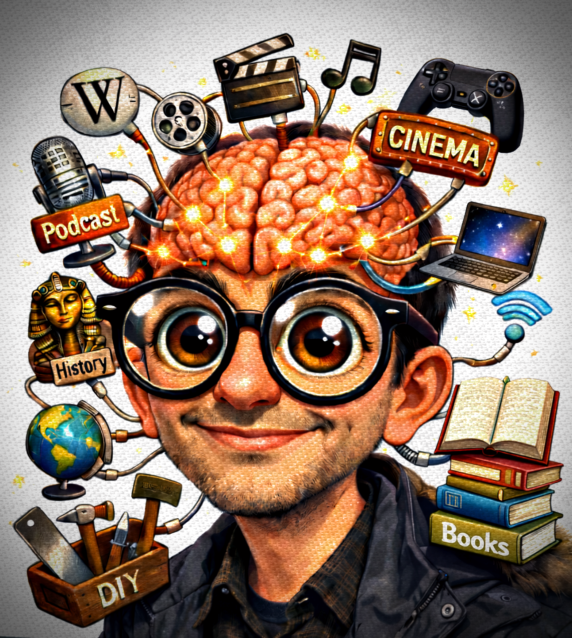 Cartoon portrait of Hadi Gholipour and his interests